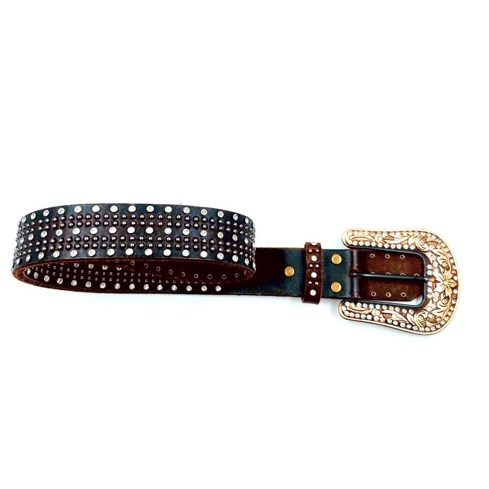 Nocona Leather Rhinestone Bead Belt Brown M EUC - Picture 3 of 5